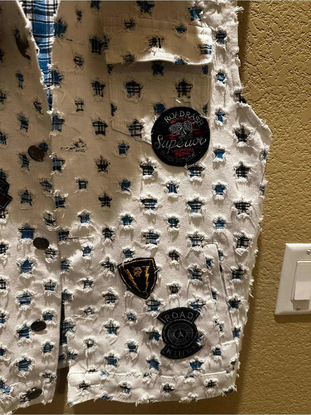 Imperious Biker, Motorcycle White Star-Print Patchwork Denim Vest